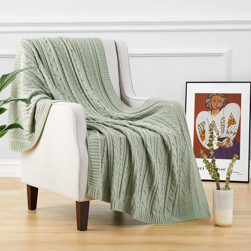 Sage Green Cable Knit Throw Blankets For Couch Bed Sofa, Acrylic Knitted Blank