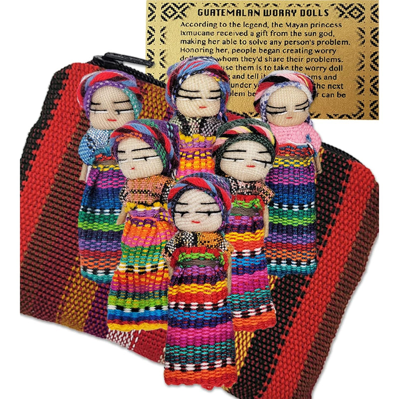 6 Cute Worry Dolls + 1 Free Guatemala Fabric Bag Handmade Guatemala Worry D