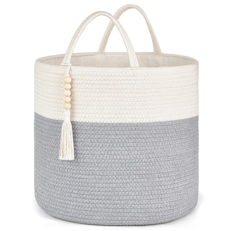 Woven Storage Basket Decorative Rope Basket Wooden Bead Decoration For Blankets,