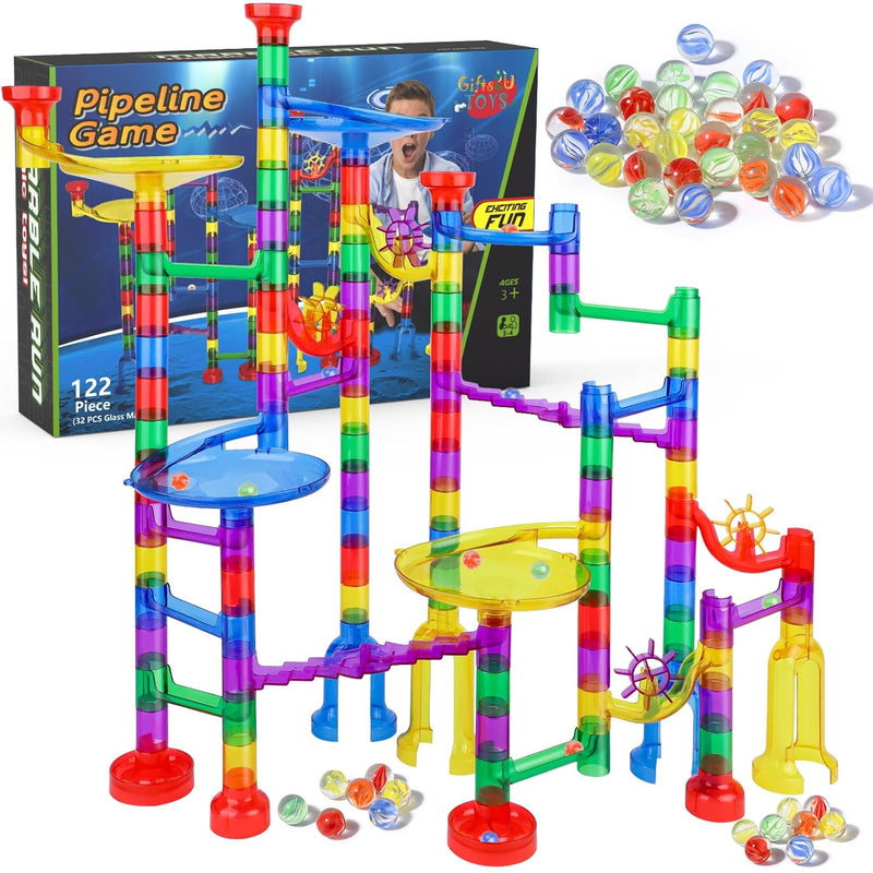 Marble Run Sets Kids, 122 Pcs Marble Race Track Game 90 Translucent Marbulo