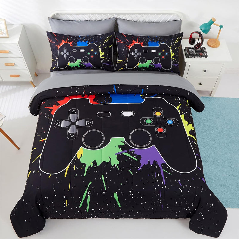 4 Piece Boys Twin Gamer Comforter Set With Sheets, 3D Colorful Video Game Cont