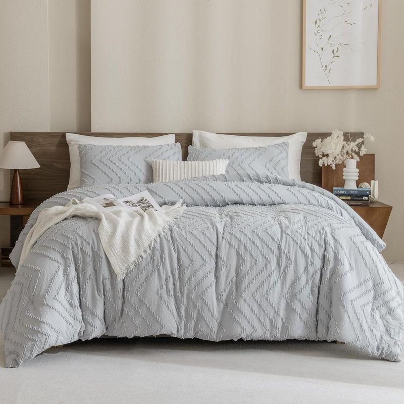 King Comforter Light Grey, 3 Pieces Grey Boho Chevron Bedding Comforter Set (1