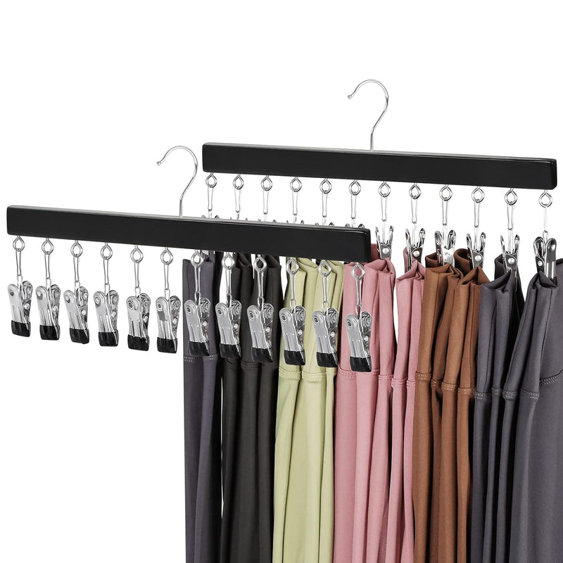 Legging Organizer For Closet, Black Wooden Hangers With 12 Metal Clips, 2 Packs