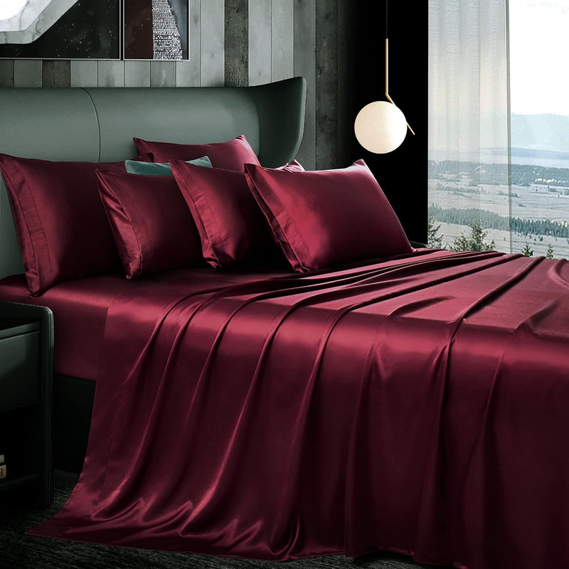 7Pcs Maroon Satin Sheets California King Silky Satin Bed Sheets Set, Luxurious