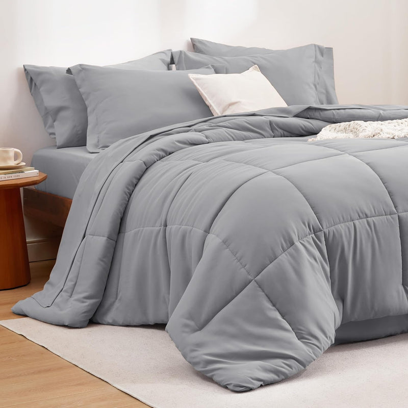 Full Size Comforter Set - 7 Pieces Solid Full Bed In A Bag, Full Bed Set Grey