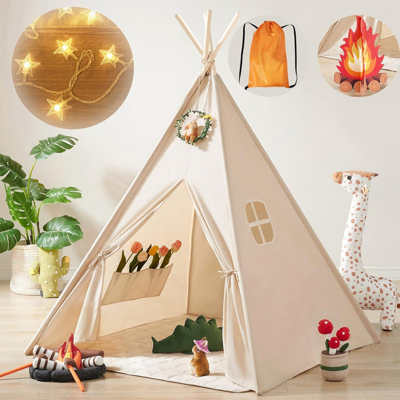 Tiny Land Kids-Teepee-Tent with Lights & Campfire Toy & Carry Case, Natural