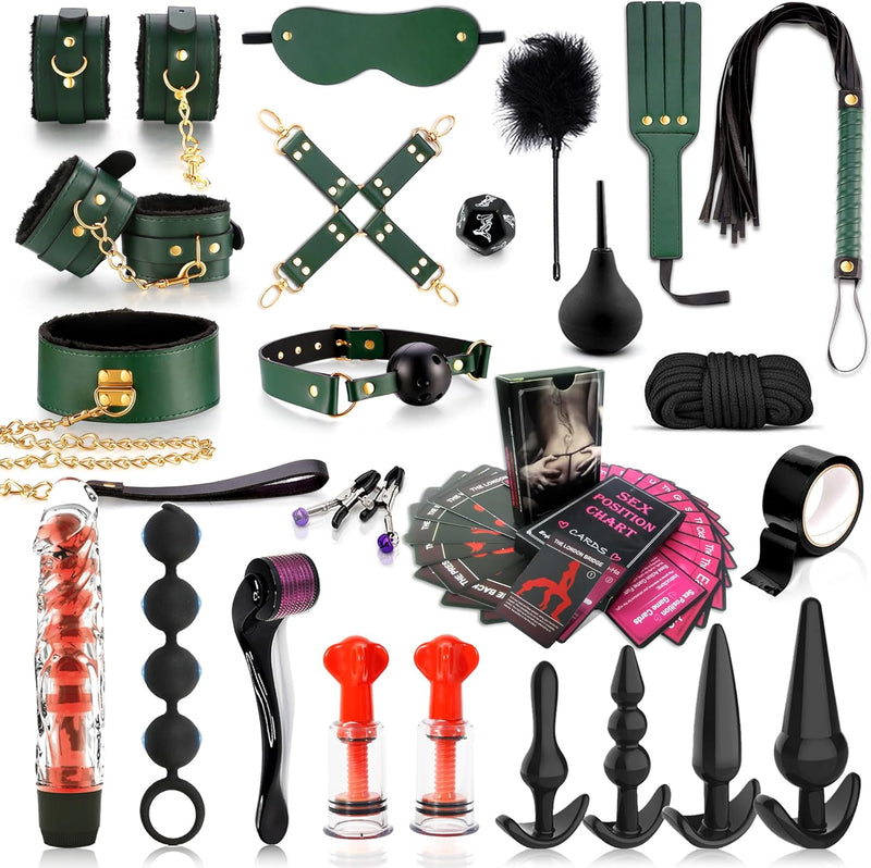 BDSM kit Sex Toys Bondage Restraints Set,Anal Butt Plug Toys and Adjustable Handcuffs Collar Ankle Cuff Blindfold,Sex Things for Couples Kinky and Couple Sex Toys for Games Card.