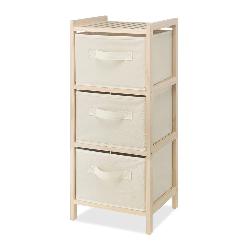 3 Drawer Wood Chest - Compact Design - Pull Out Fabric Bins - Natural Pine