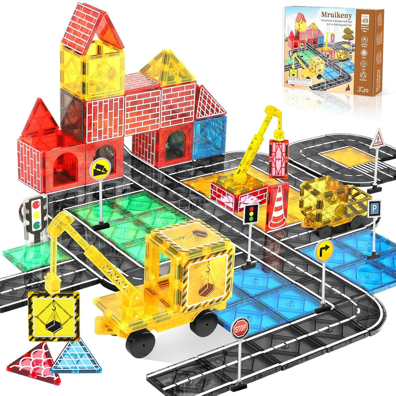 Magnetic Tiles Road Set Kids Toys, Magnetic City Construction Toys With Mag