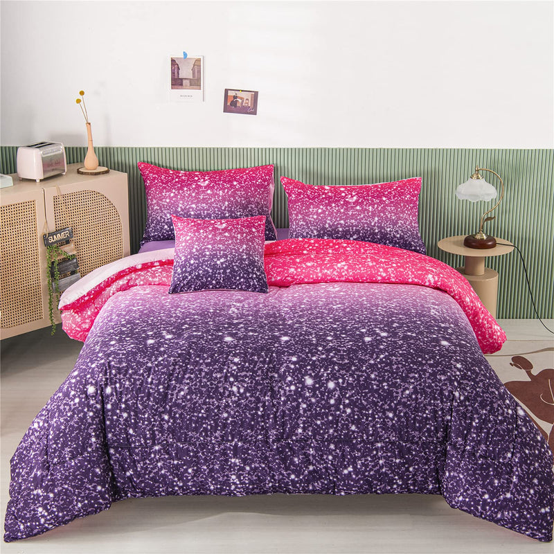 6Pcs Queen Gradient Pink Purple Glitter Comforter Sets For Teens Girls Kids, C