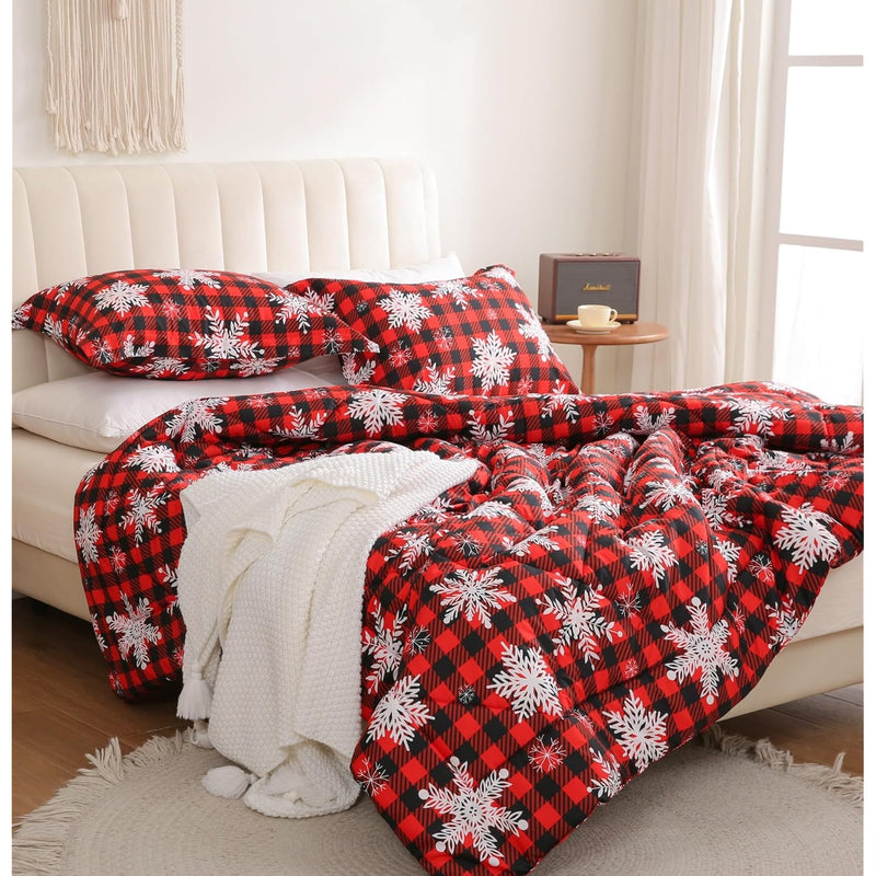 Red Plaid Snowflakes Comforter Set Queen Size, 3 Piece Christmas Winter Printe