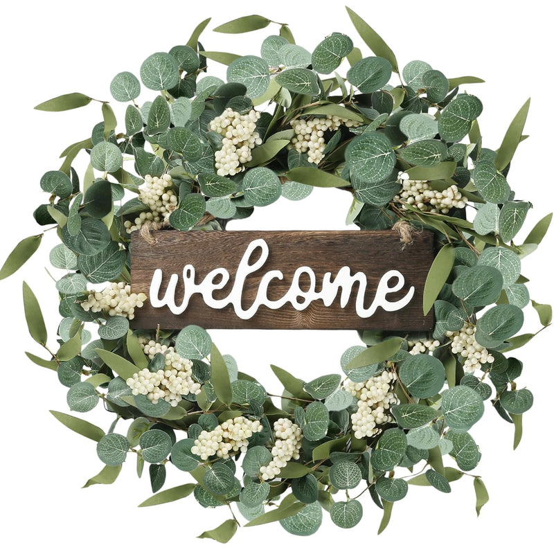 Green Artificial Eucalyptus Wreath With Welcome Sign 20In Spring Summer Wreath