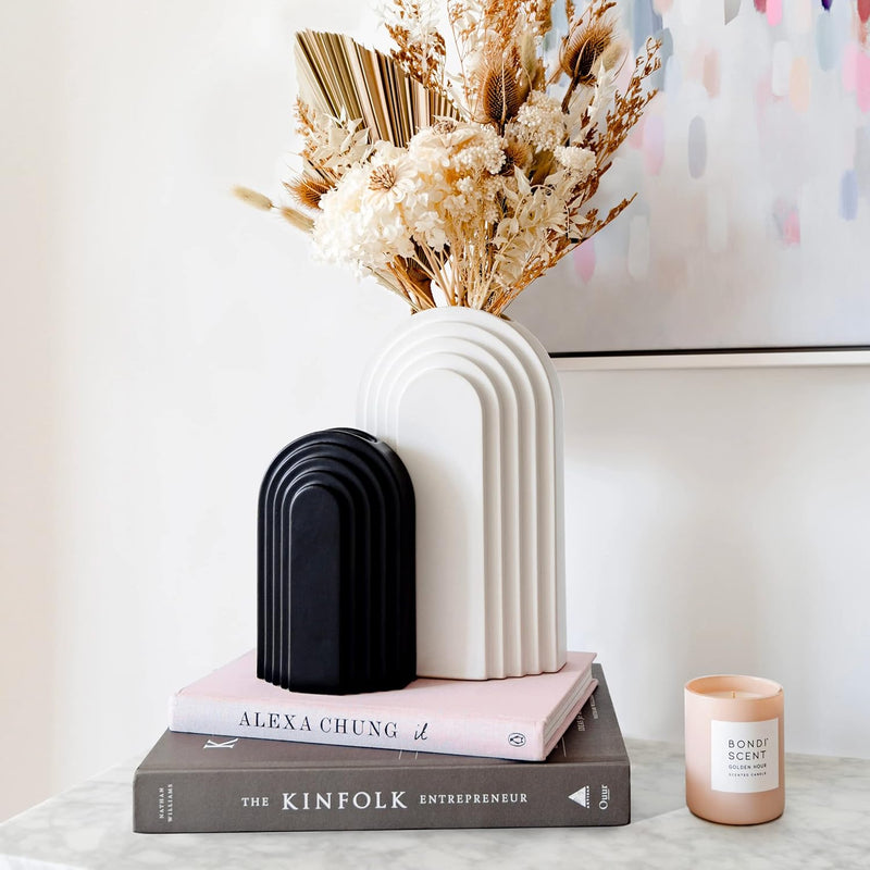 Aesthetic Flower Vase Set, 9.45” Tall White Vase And 6.3” Small Black Vase, Mo
