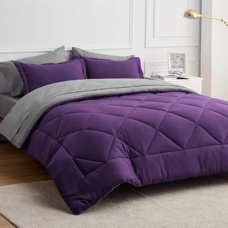 Purple Queen Comforter Set - 7 Pieces Reversible Bed Set Bed In A Bag Queen Wi