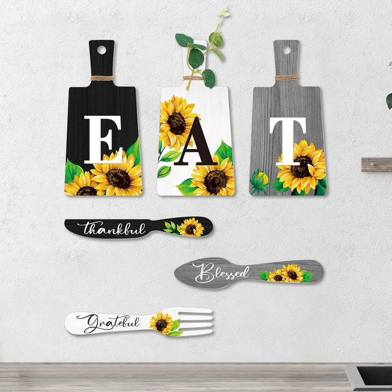 Set Of 6 Sunflower Kitchen Decor Sets Eat Signs Fork And Spoon Wooden Kitchen