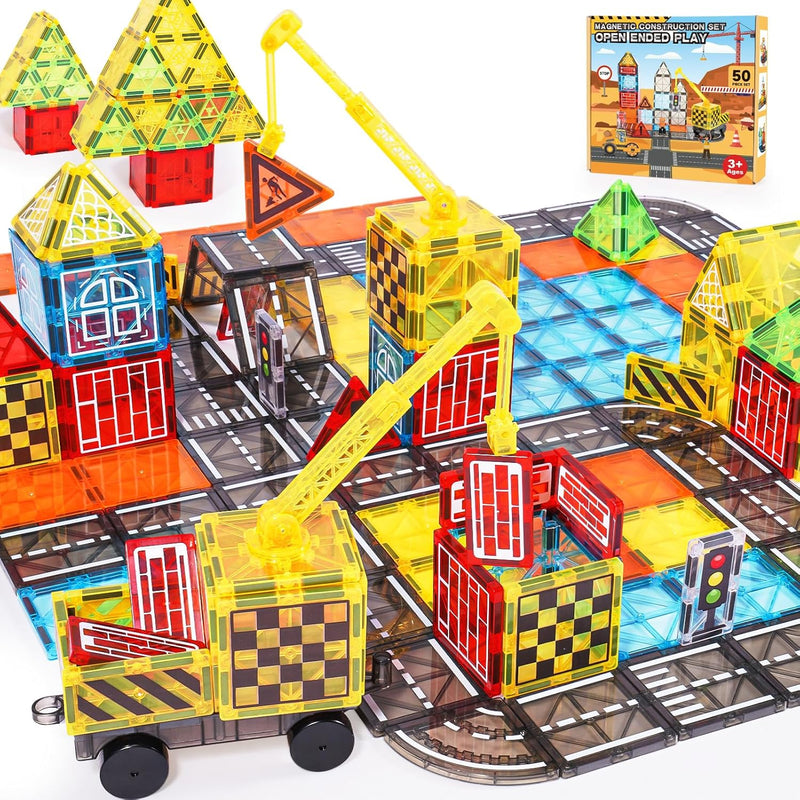 Magnetic Tiles Kids Construction Toys Road Set With Magnet Crane For Boys A