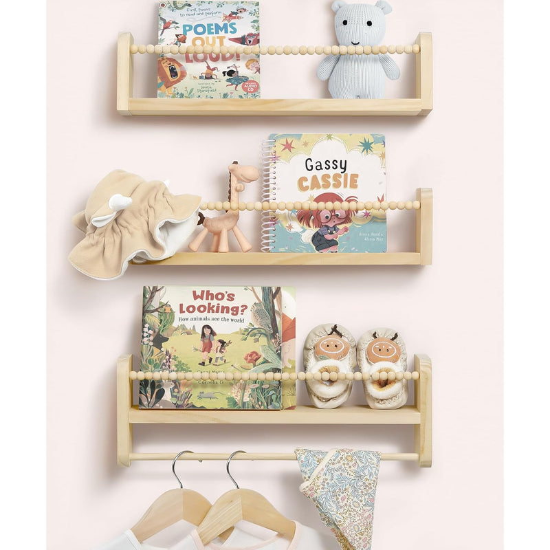 Nursery Book Shelves For Wall Set Of 3, Natural Wood Bookshelves Wall Decor, S