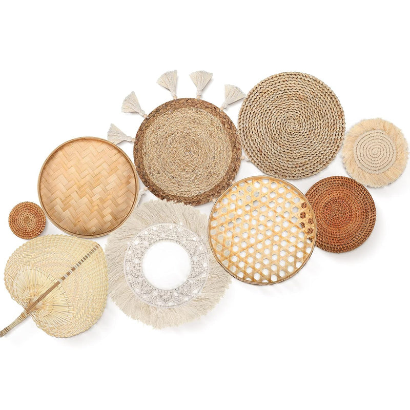 Set Of 9 Wall Basket Decor Boho Hanging Rattan Flat Round Wicker Woven Macrame