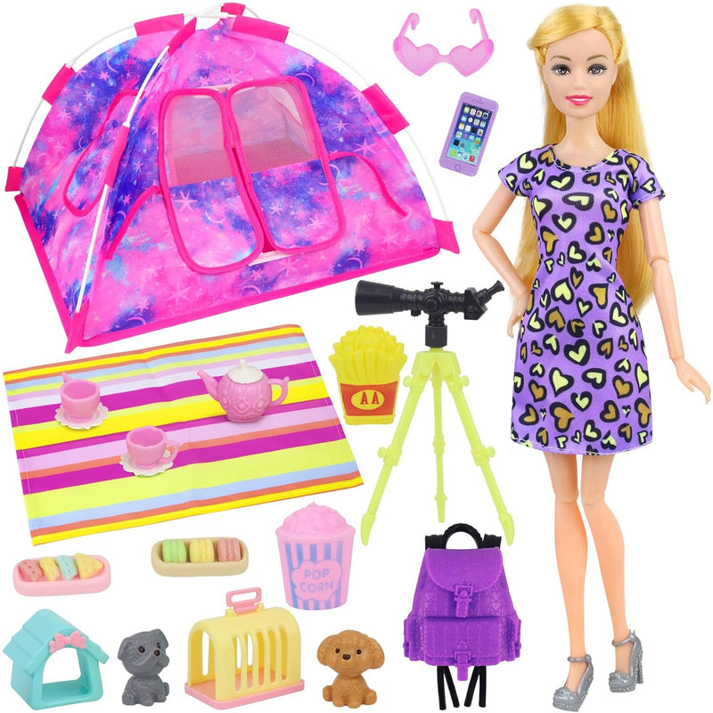 18 Pcs Girl Doll Travel Camping Tent Set And Accessories For 11.5 Inch Girl