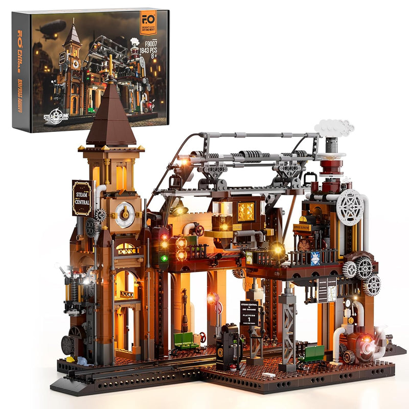 Train Station Lighting Building Bricks Set Steampunk Led Light Building Set