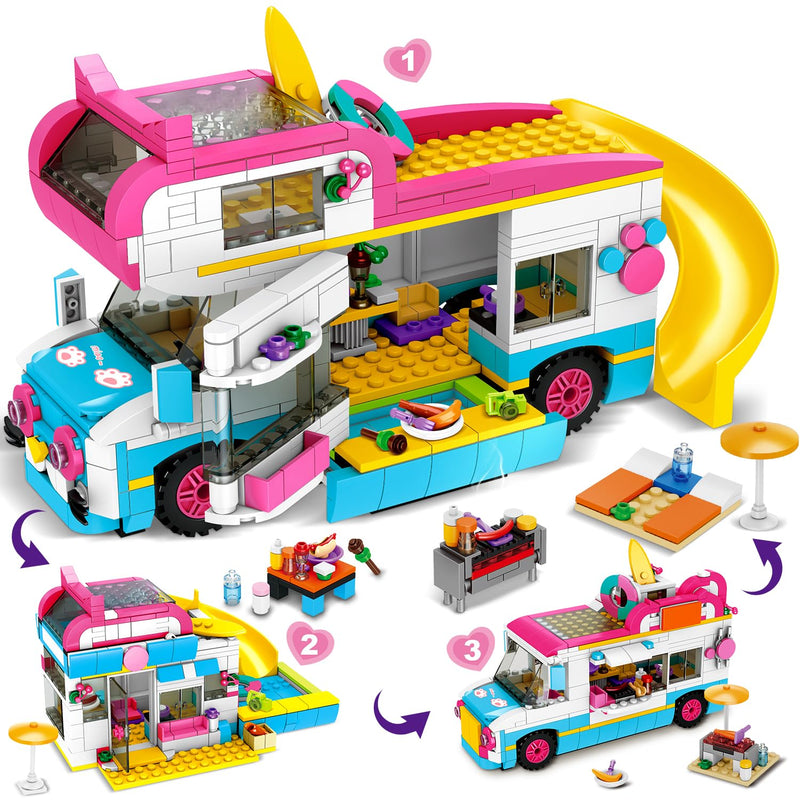 3 In 1 Girls Camper Van Building Set 494Pcs Summer Beach Camping Building B