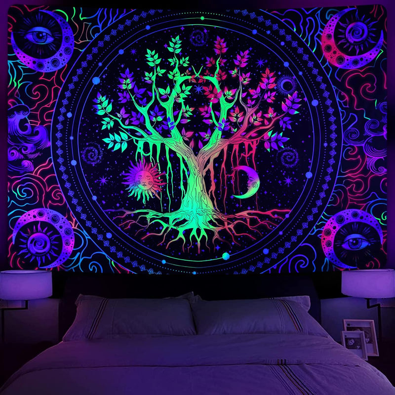 Blacklight Tree Of Life Tapestry Trippy Sun And Moon Tapestry Uv Reactive Gala