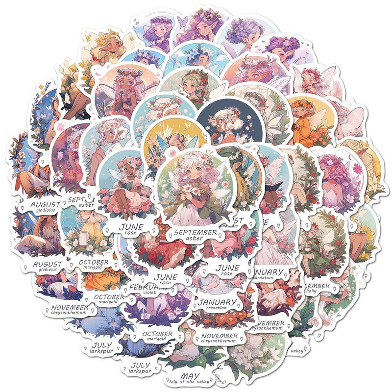 50 Pcs Birth Month Flower Fairy Stickers, Waterproof Vinyl Decals for Crafts