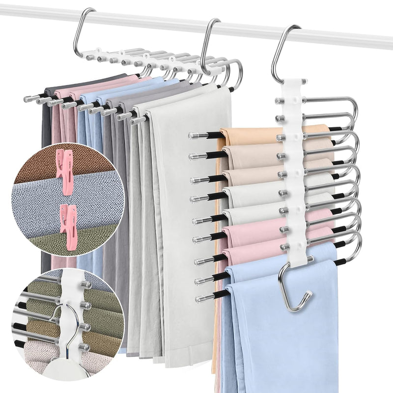 2 Pack 9 Layers Pants Hangers Space-Saving Stainless Steel Closet Hangers 20Pcs