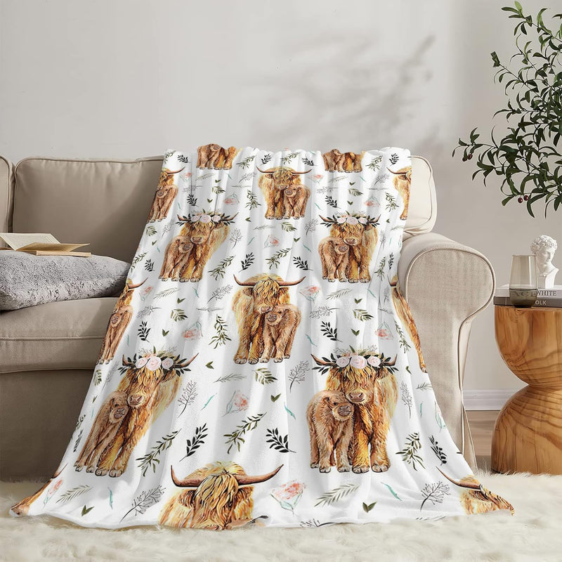 Highland Cow Print Blanket 50X60Inch Cute Rustic Farm Animal Cow And Flowers T