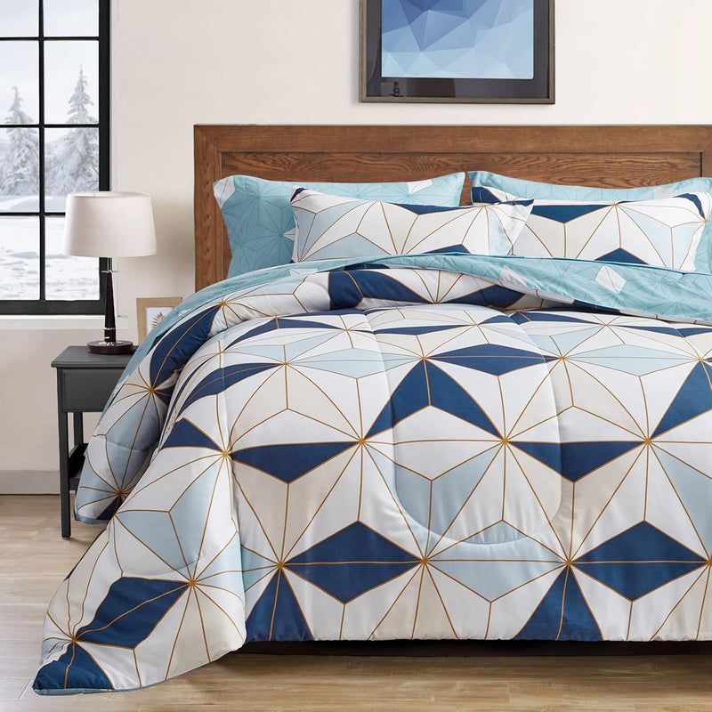 Bed In A Bag 7 Pieces King Size, Modern Blue Triangles Geometric Style, Soft M