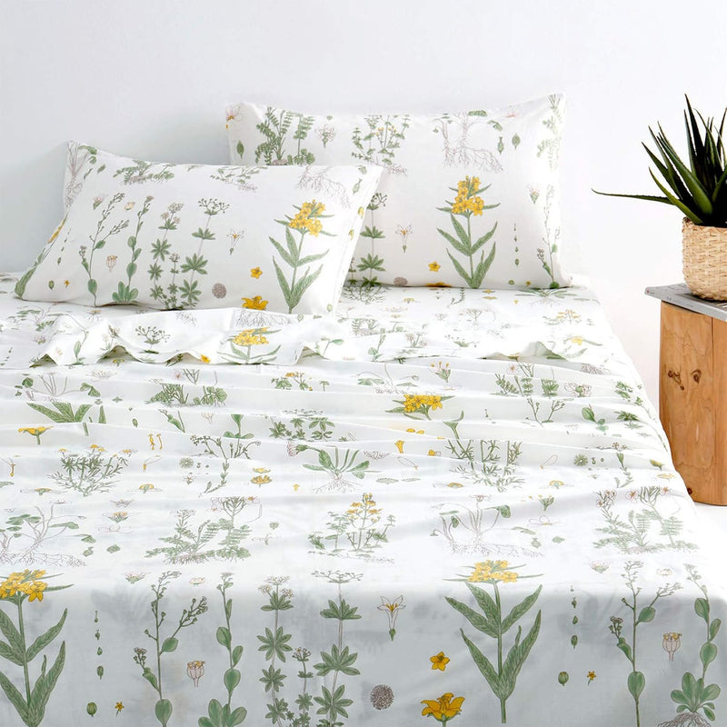 - Botanical Sheet Set, Yellow Flowers And Green Leaves Floral Garden Pattern P