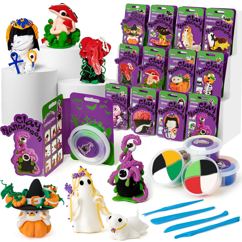 Halloween Air Dry Clay Kit for Kids, 12 Colors with Tools & Tutorials