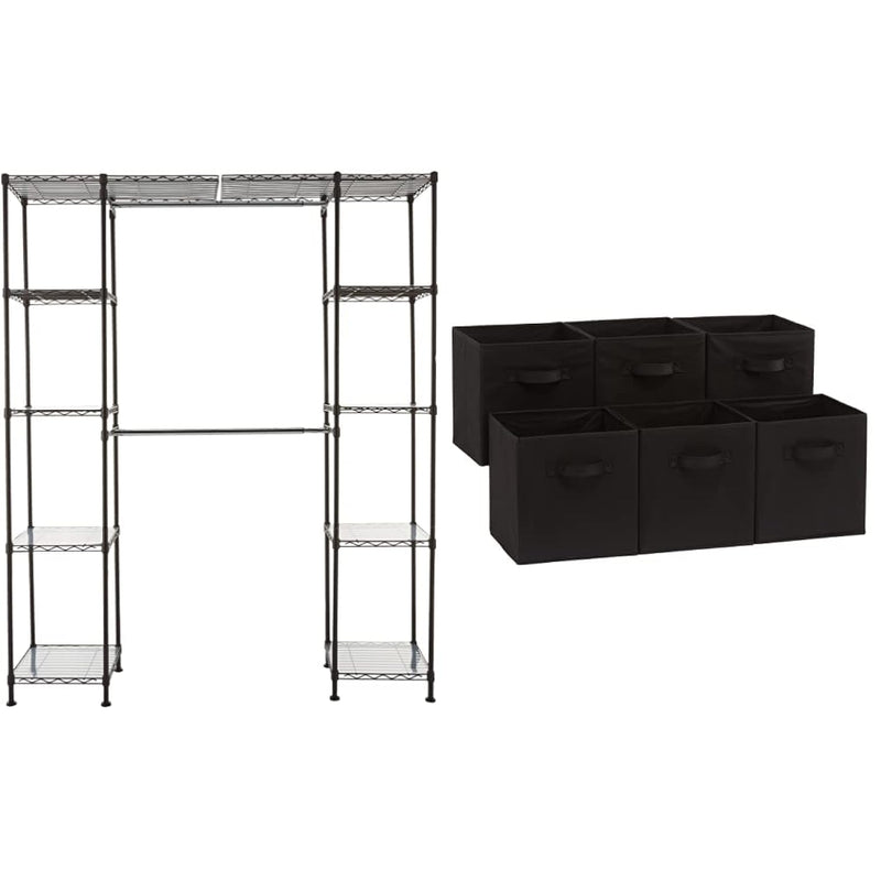 Expandable Metal Hanging Storage Organizer Rack Wardrobe With Shelves, Bronze &