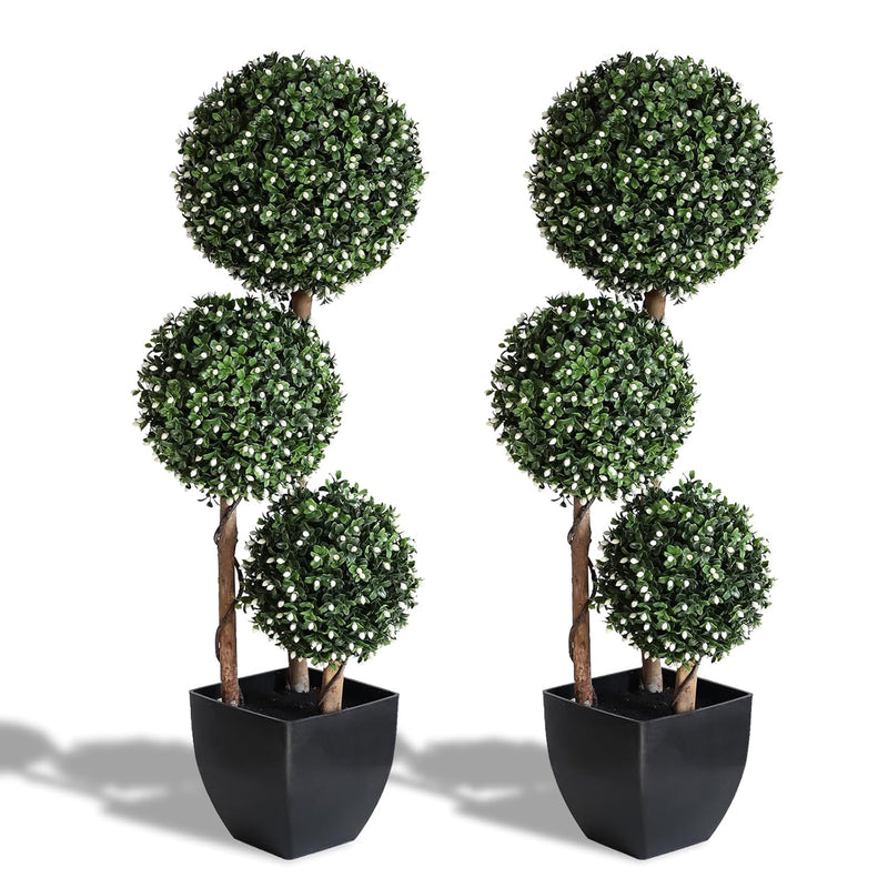2 Pack -35Inch/Triple Ball White Fruit Artificial Topiary Plant Topiaries Ball