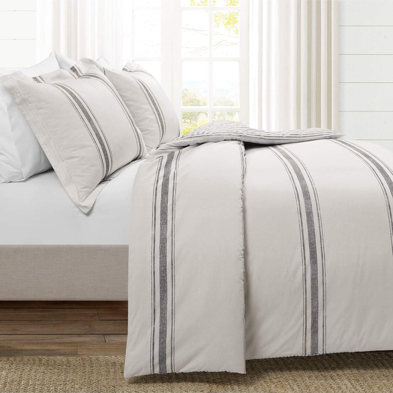 Farmhouse Stripe 3 Piece Duvet Cover Set, Full/Queen, Gray