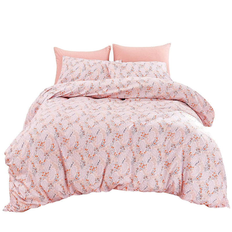 3 Piece Blush Pink Paisley Duvet Cover Set Queen Size, Soft Floral Print Micro