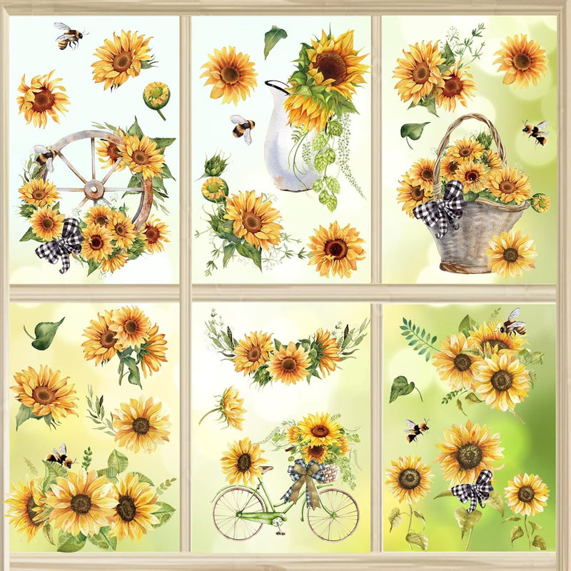 30Pcs Sunflower Window Clings Spring Summer Flower Bees Window Decals Reusable