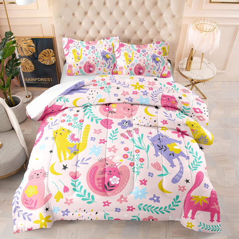Floral Cat Comforter Twin Size,Pink Cat Comforter Set For Kids Teens Girls,3Pc