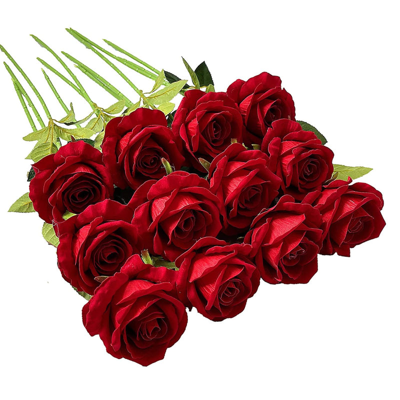 12 Pcs Artificial Rose Flowers Blossom Red Rose Flowers Silk Faux Roses With L