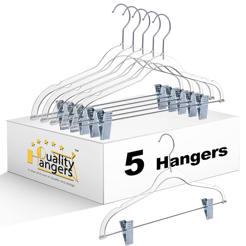 Clear Plastic Pants Hangers With Clips 5 Pack | Heavy Duty Skirt Hangers Swivel