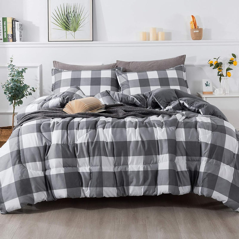 Queen Comforter Set Grey Plaid (90X90 Inch), 3 Pieces(1 Plaid Comforter And 2