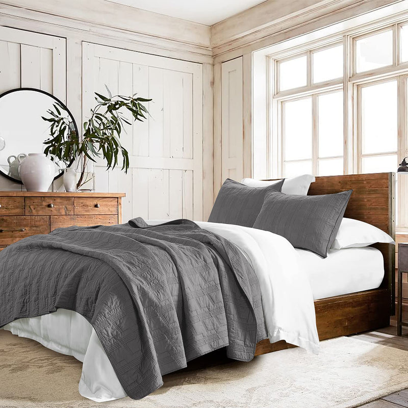 100% Cotton Quilt Set King Size, Grey Pre-Washed 3-Piece Bedspread Coverlet Se