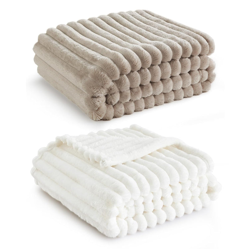 Fleece Throw Blanket(White & Beige)