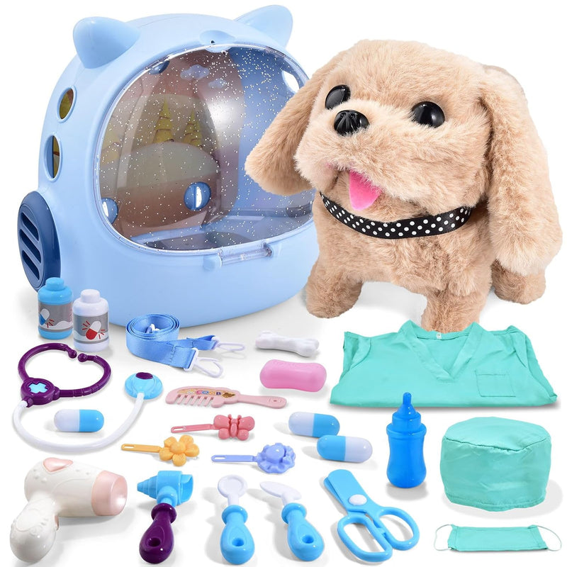 25 Piece Kids Dog Toy Doctor Kit, Interactive Plush Walking Bark Vet Pretend P