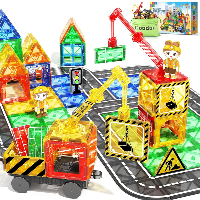 Kids Games Magnetic Tiles With 2 Cranes Construction Toys Set Sensory Toys