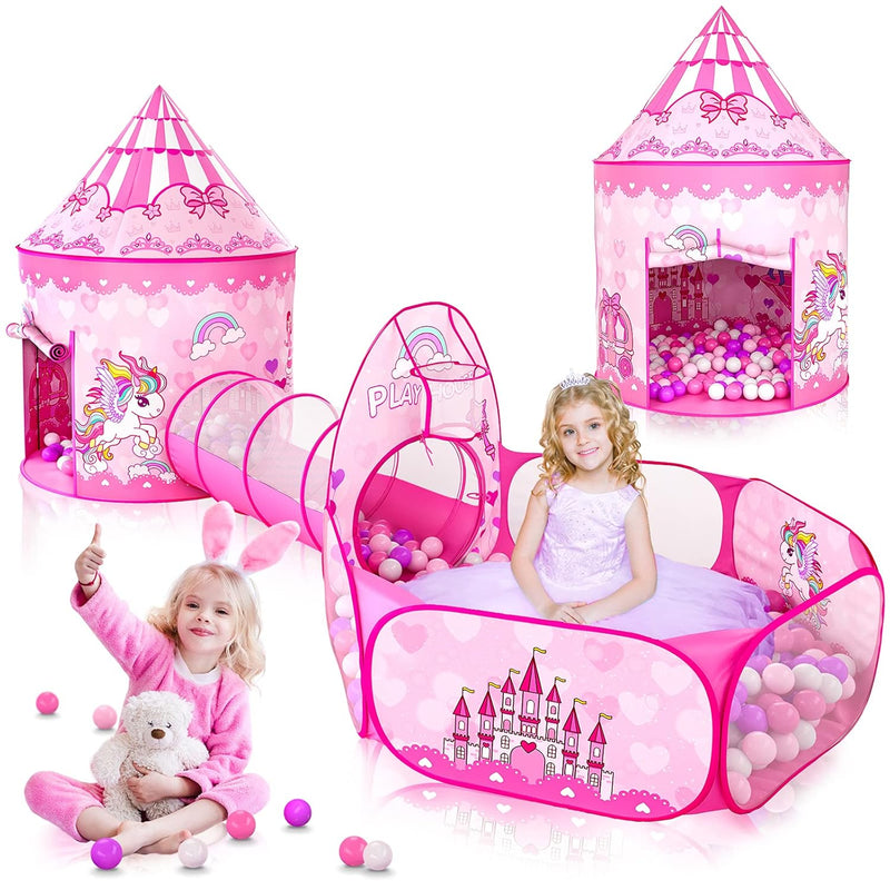 3Pc Princess Tent For Girls With Kids Ball Pit And Crawl Tunnel For Toddler