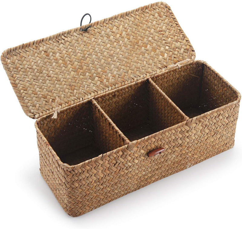 Seagrass Storage Basket with Lid Rectangular Small Woven Shelf Baskets with Sections for Organize Snack Toys Tampon