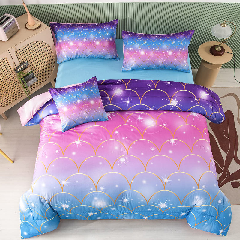 6Pcs Pink Mermaid Comforter Set Queen Size 3D Glitter Bed In A Bag For Teens G