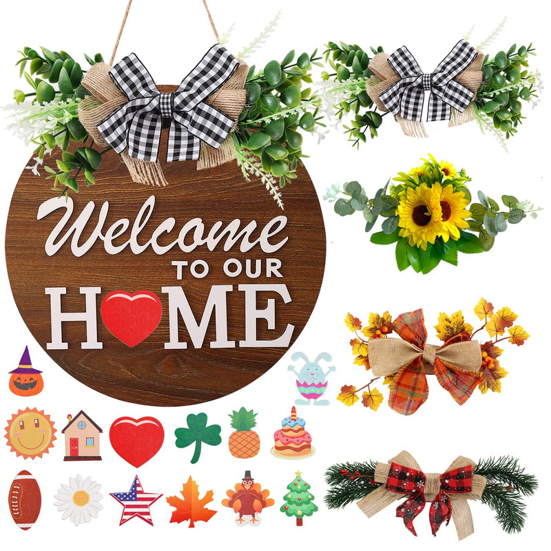 Interchangeable Welcome Sign For Front Door With 4 Seasonal Wreaths And 14 Cha
