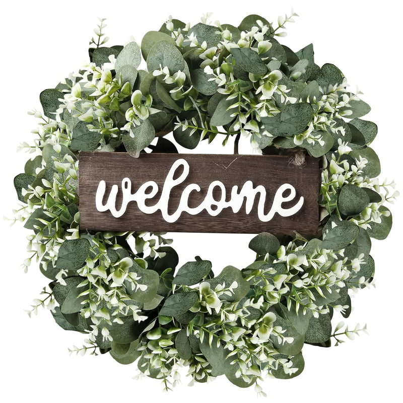 16In Artificial Eucalyptus Wreath With Welcome Sign Green Eucalyptus Leaf Wrea